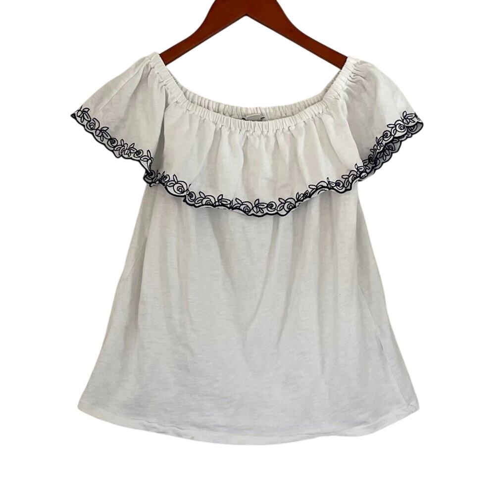 J. Crew Cotton Floral Embroidered Off the Shoulder Top White, Coquette, S